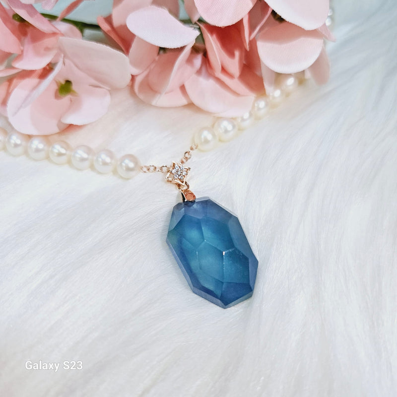 Luminescent Blue Aquamarine Pendant and Pearl Chain Necklace