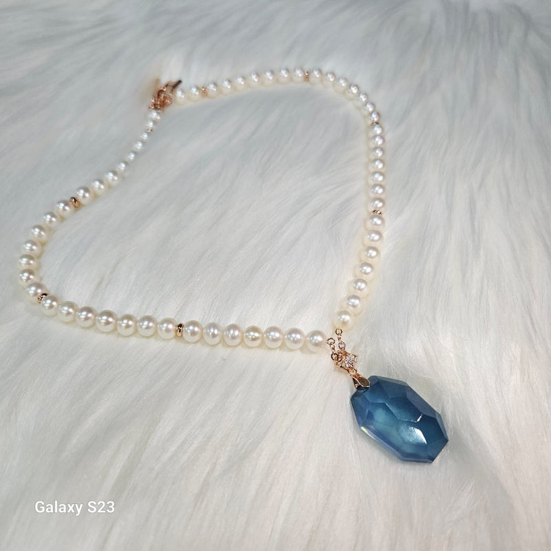 Luminescent Blue Aquamarine Pendant and Pearl Chain Necklace