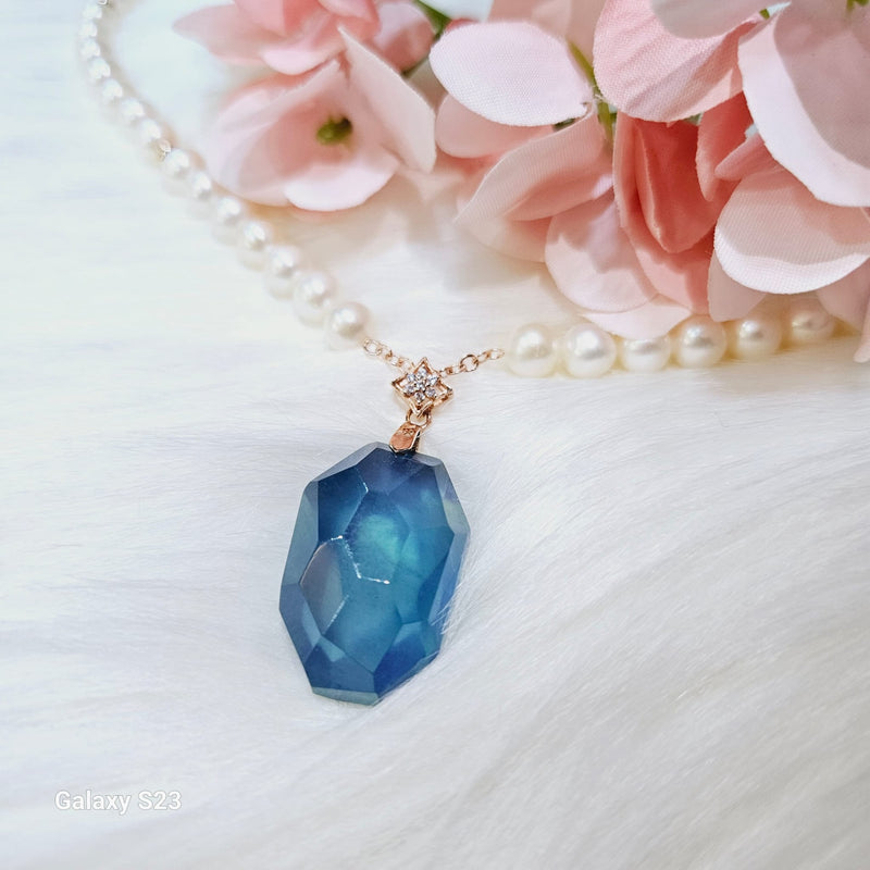 Luminescent Blue Aquamarine Pendant and Pearl Chain Necklace