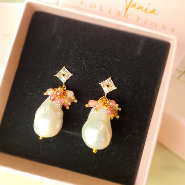 White Baroque Pearl (AAA Grade) Pink Tourmaline Earrings