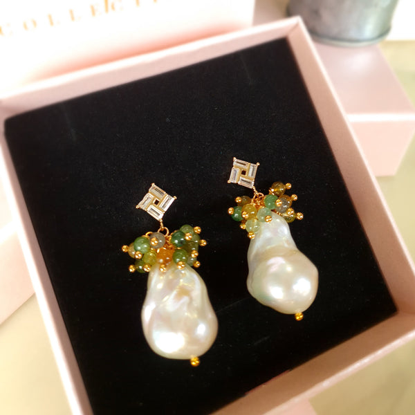 White Baroque Pearl (AAA Grade) Green Tourmaline Earrings