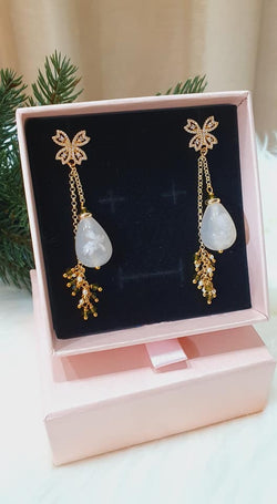 White Sakura Agate Feather Drop Earrings