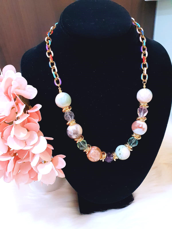 Sakura Agate & Fluorite "Happy" Multi-Colour Half Necklace