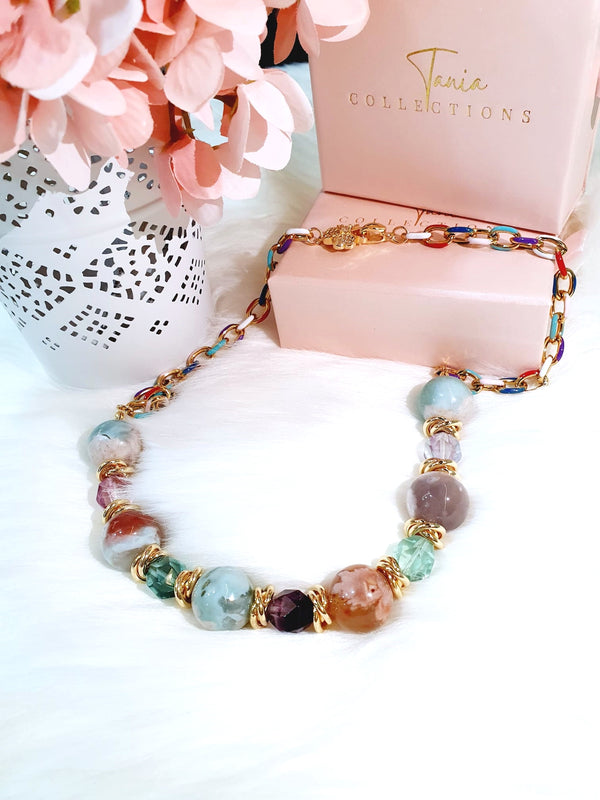 Sakura Agate & Fluorite "Happy" Multi-Colour Half Necklace