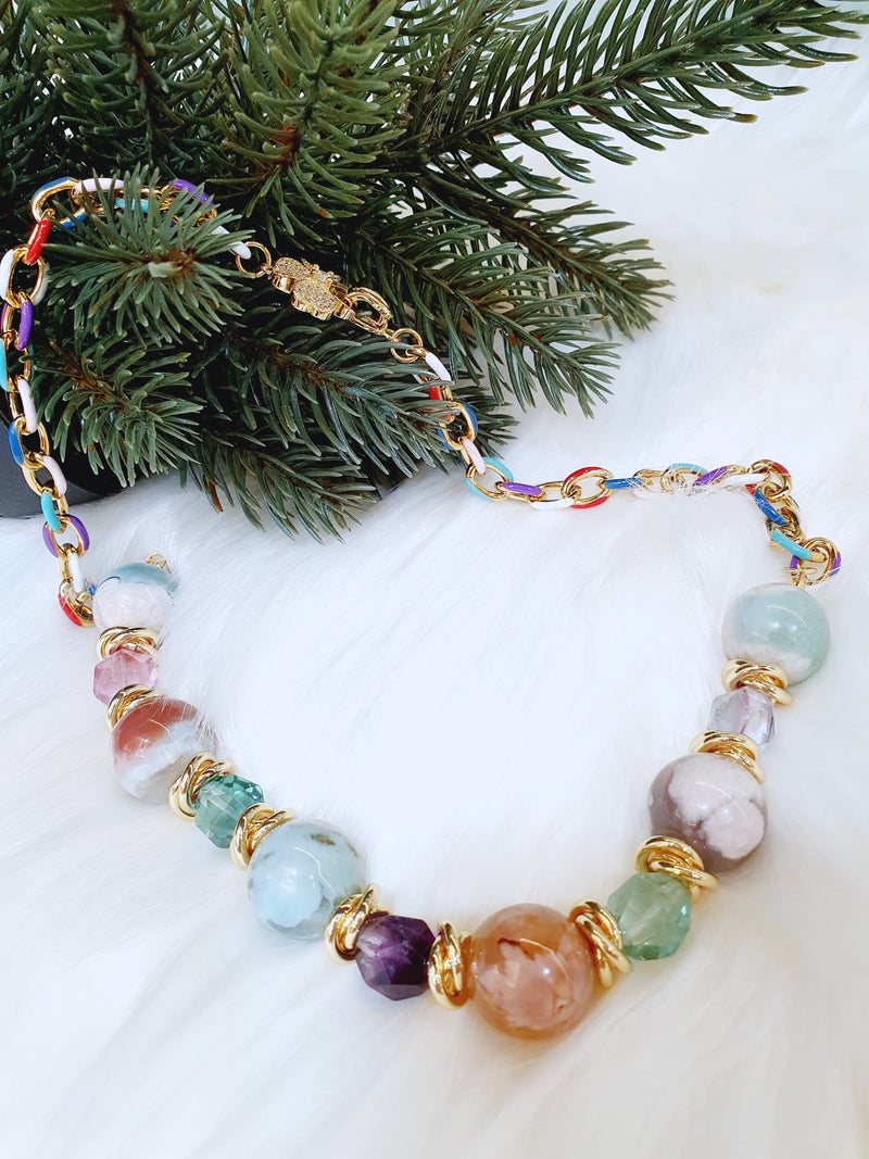 Sakura Agate & Fluorite "Happy" Multi-Colour Half Necklace