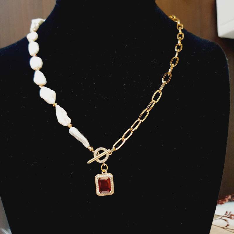 Keishi Pearls & Ruby Crystal Half Necklace