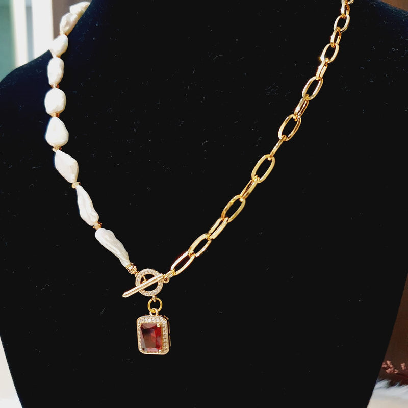 Keishi Pearls & Ruby Crystal Half Necklace