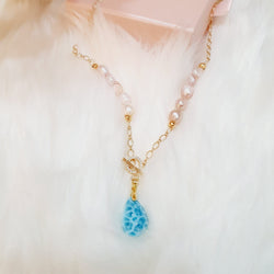 Blue Larimar Pendant & Pearl Chain Necklace