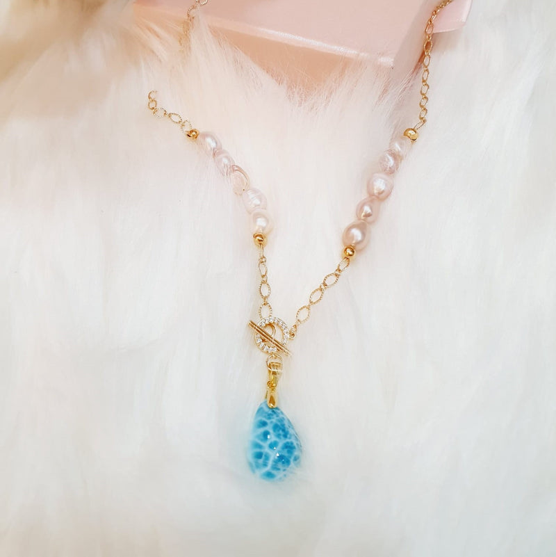 Blue Larimar Pendant & Pearl Chain Necklace