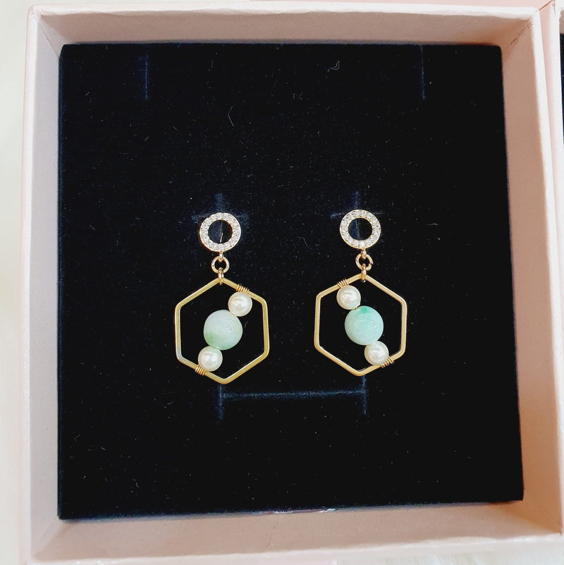 Apple Green Jadeite Hexagon Earrings