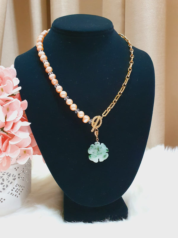 Piao Hua Jadeite Pendant with Pink Pearl Half Necklace