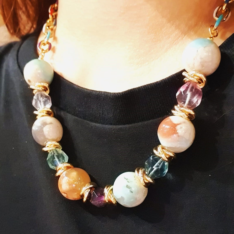 Sakura Agate & Fluorite "Happy" Multi-Colour Half Necklace