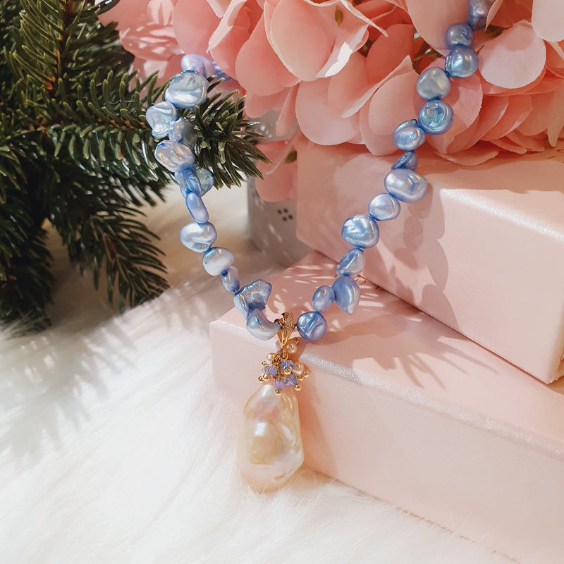 Blue Keshi Pearl with Pink Baroque Pearl Necklace