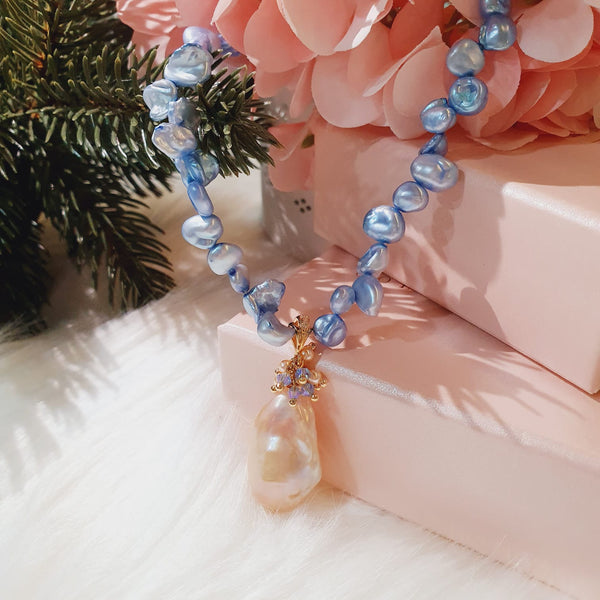 Blue Keshi Pearl with Pink Baroque Pearl Necklace