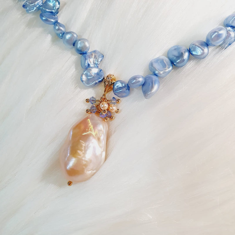 Blue Keshi Pearl with Pink Baroque Pearl Necklace