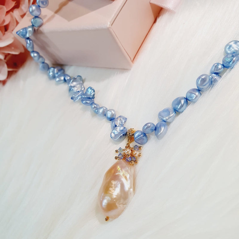 Blue Keshi Pearl with Pink Baroque Pearl Necklace