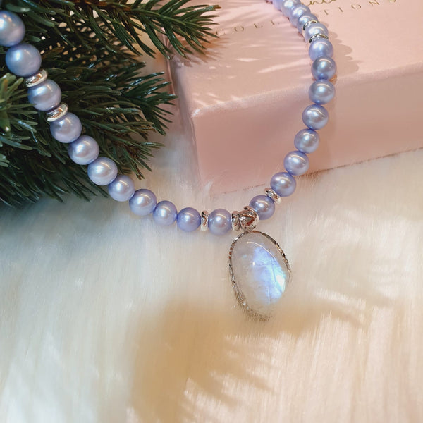 Blue Flash Moonstone with Purple Blue Pearls "Odette" Necklace