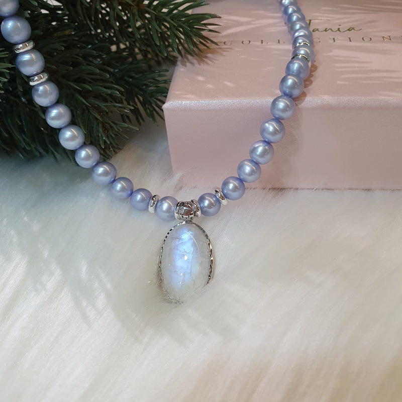 Blue Flash Moonstone with Purple Blue Pearls "Odette" Necklace